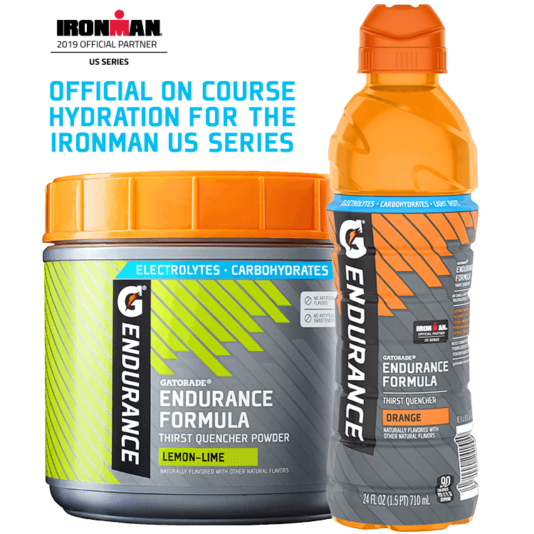 Gatorade Endurance electrolyte replacement hydration pack with lemon-lime flavor, designed for IRONMAN on-course hydration.