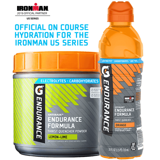 Gatorade Endurance electrolyte replacement hydration pack with lemon-lime flavor, designed for IRONMAN on-course hydration.