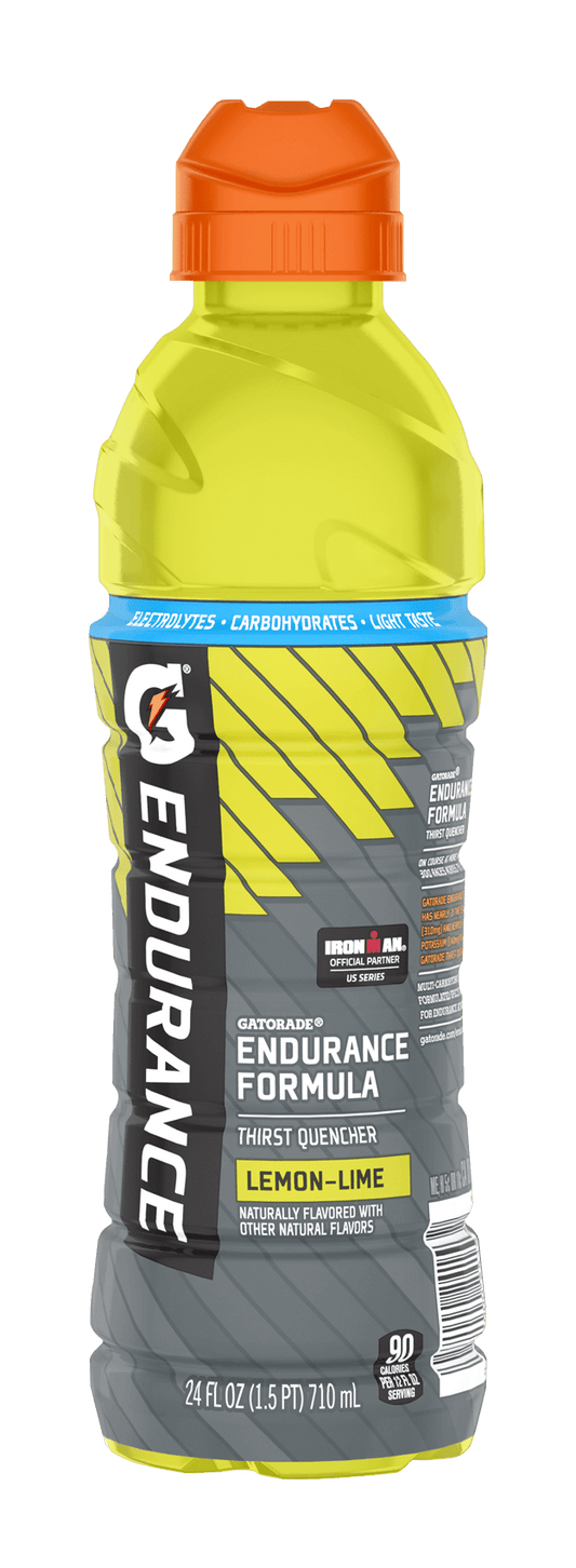 Six 24 fl oz bottles of Gatorade G Endurance electrolyte replacement drink in orange flavor, arranged in a pack.
