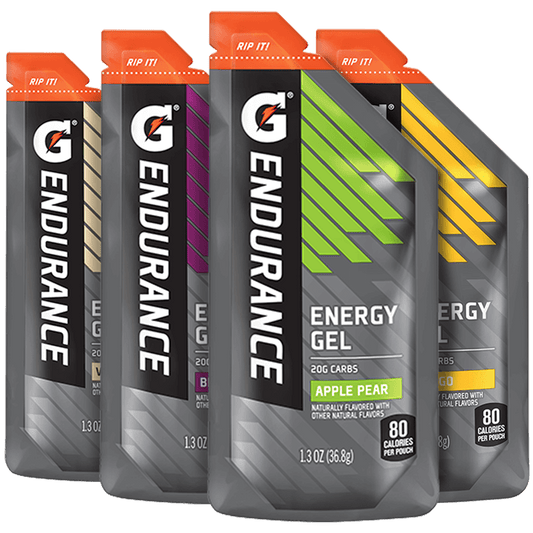 Gatorade Endurance Energy Gel Variety Pack with 12 gel packets in assorted flavors for athletic performance and hydration.
