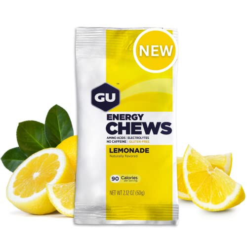 GU Energy Lemonade Energy Chews in a bag, showcasing vibrant yellow gummies with electrolytes for hydration and energy.