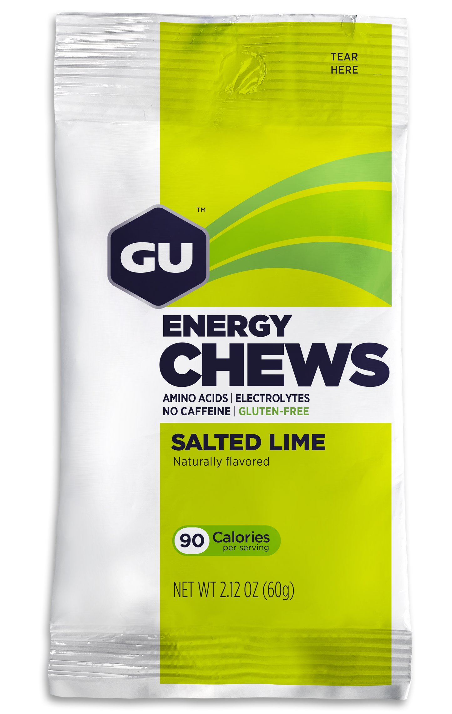 GU Energy Chews Salted Lime double-serving bag, 12-pack box, chewy energy supplements for active lifestyles