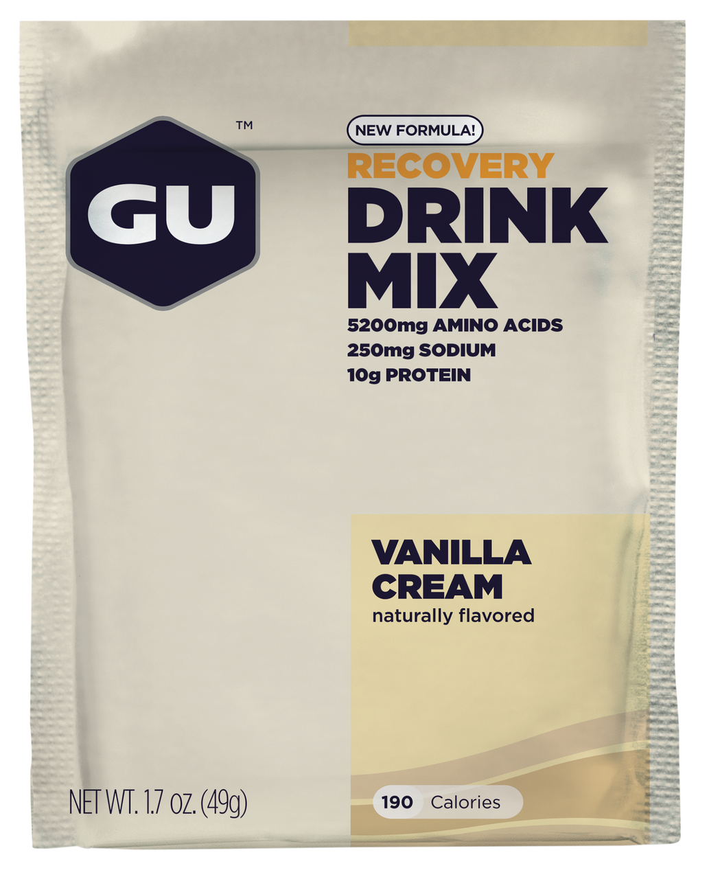 GU Energy Recovery drink in a clear bottle with blue and white labeling, designed for post-workout replenishment.