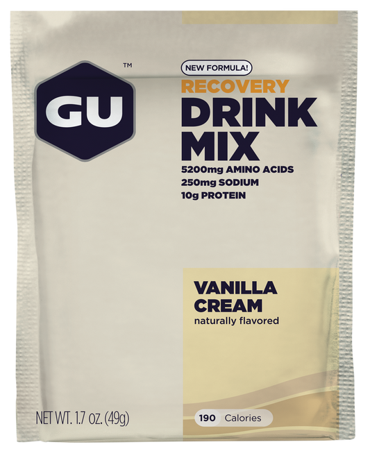 GU Energy Recovery drink in a clear bottle with blue and white labeling, designed for post-workout replenishment.