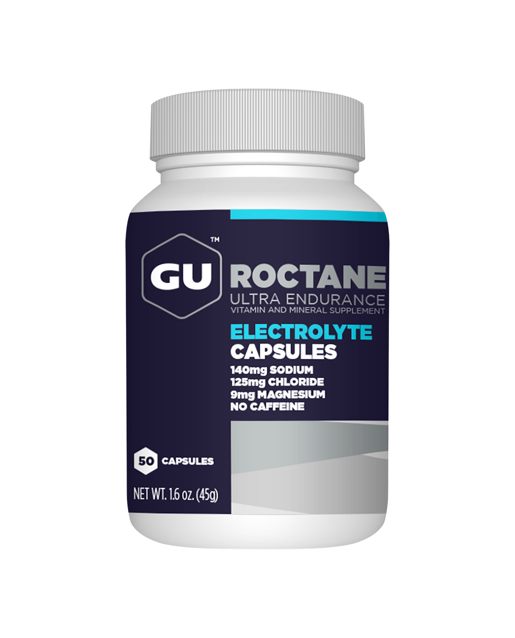 GU Roctane Electrolyte Capsules in a 50-count bottle for hydration support during athletic activities.