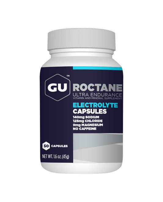 GU Roctane Electrolyte Capsules in a 50-count bottle for hydration support during athletic activities.