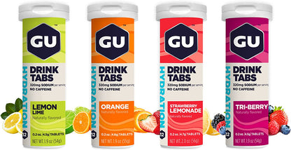 GU Energy Hydration Electrolyte Drink Tablets in a 4-count pack, featuring vibrant packaging and nutritional information.