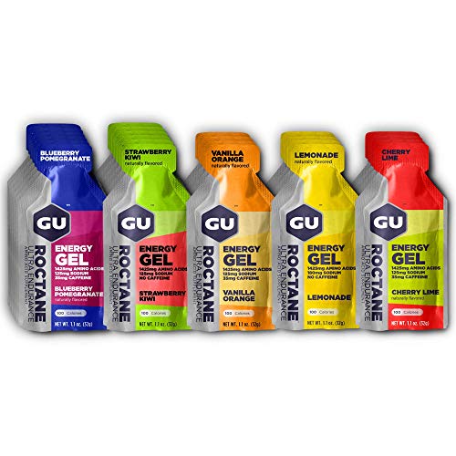 GU Energy Roctane Ultra Endurance Energy Gel pack with assorted flavors, 24-count, in varying packaging.