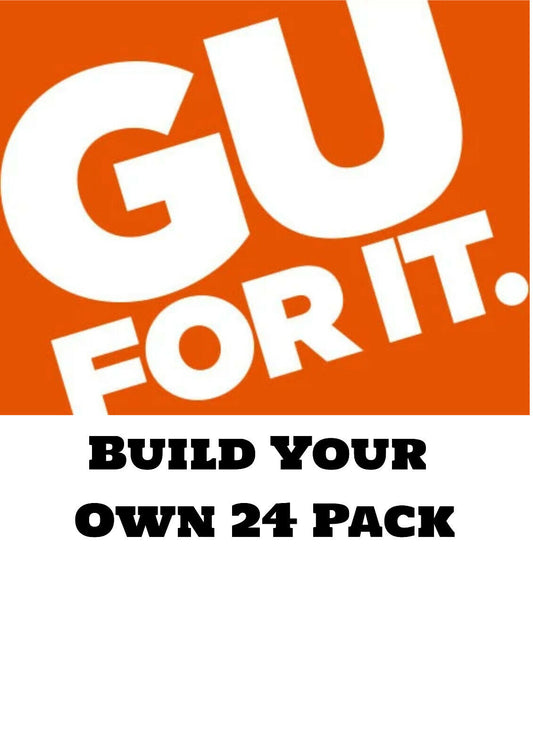 GU Energy Roctane Endurance Energy Gel Build Your Own 24 Pack box, close-up of individual gel packets with GU branding.