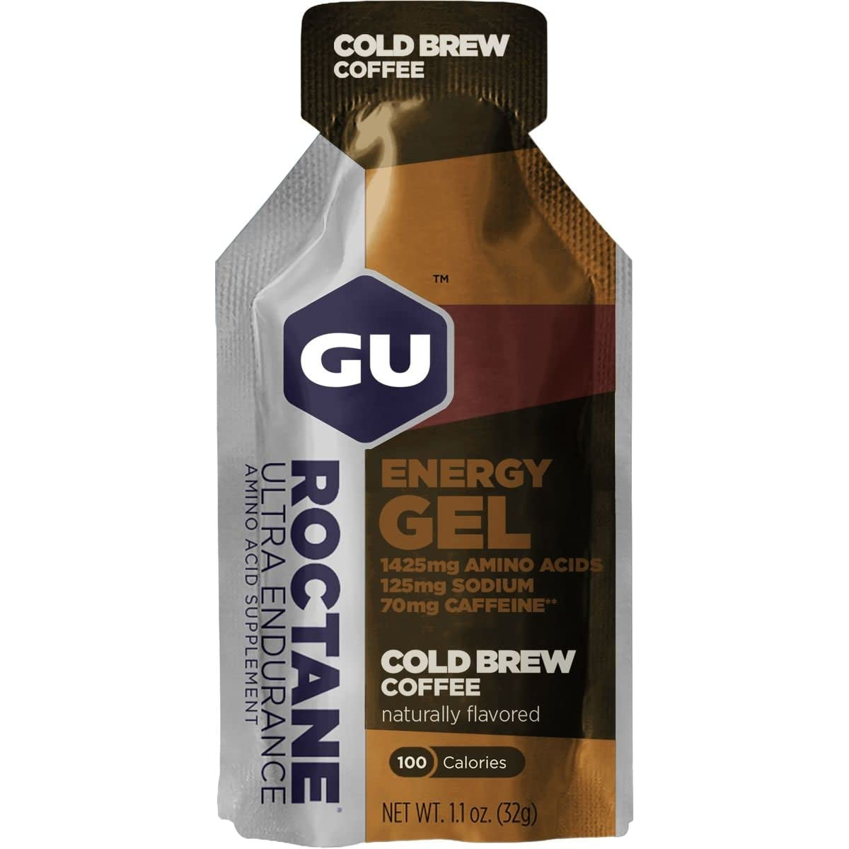 GU Energy Roctane Energy Gel packets, Cold Brew Coffee flavor, 24-pack, for quick energy boost during workouts.