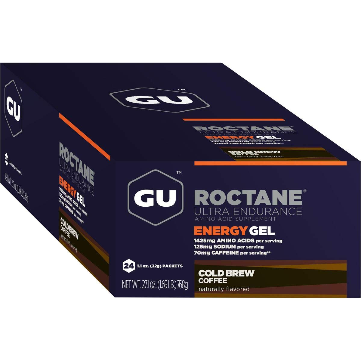 GU Energy Roctane Energy Gel pack with Cold Brew Coffee flavor, showing 24 individual gel packets for endurance and energy.
