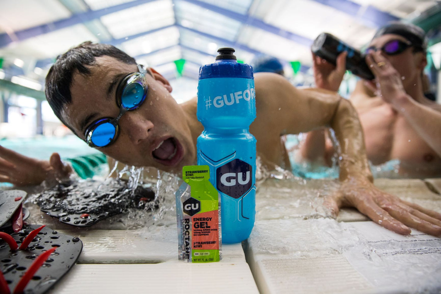 Eight GU Energy Labs Roctane Cherry Lime energy gels in 1.1oz packs, designed for athletic performance and endurance.