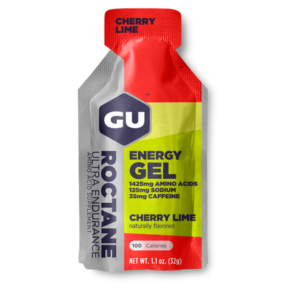 Pack of 8 GU Energy Labs Roctane Cherry Lime energy gels in 1.1oz sachets for endurance and performance.