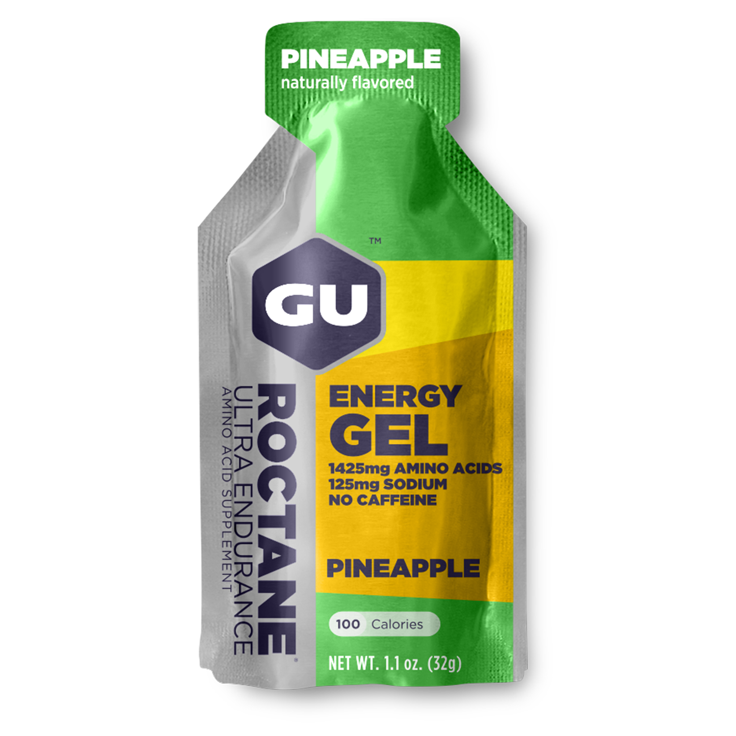 Eight cherry lime GU Energy Labs Roctane energy gels in 1.1oz packs, designed for endurance and quick energy boost.