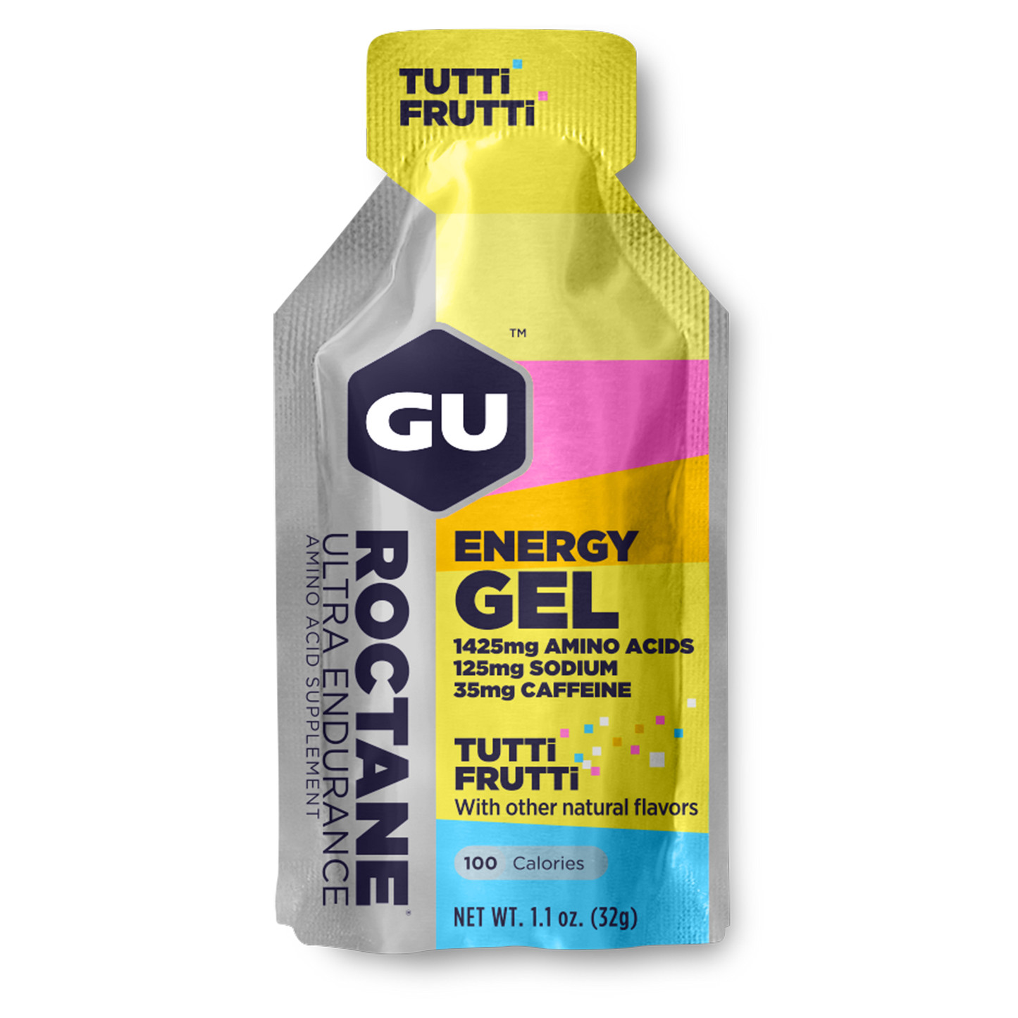 Eight GU Energy Labs Roctane Cherry Lime energy gels in 1.1oz packs, designed for endurance athletes.