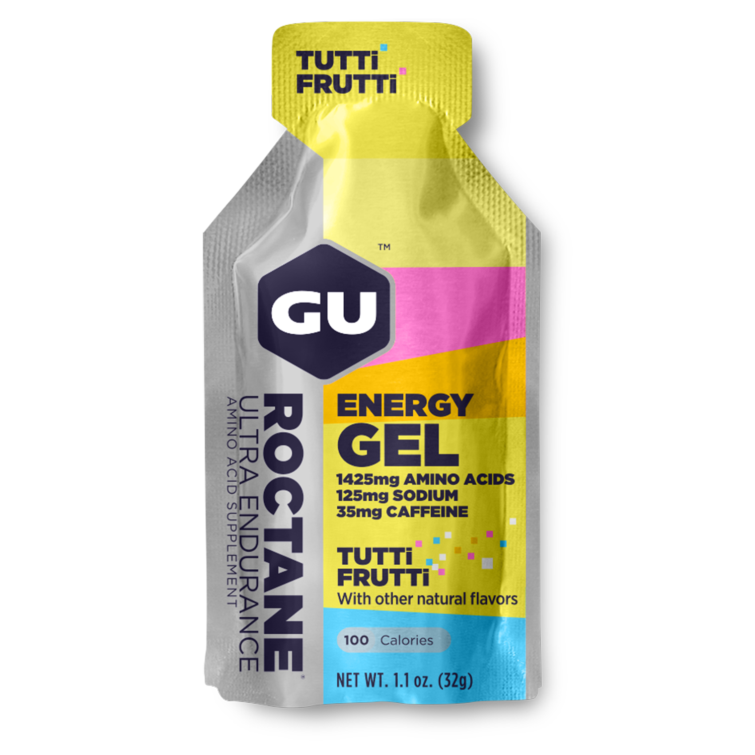 Eight GU Energy Labs Roctane Cherry Lime energy gels in 1.1oz packs, designed for endurance athletes.