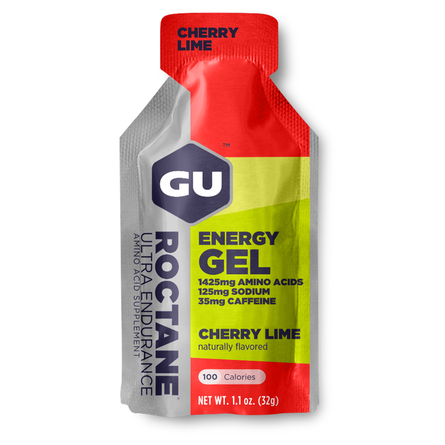 GU Energy Labs Roctane Energy Gel pack in cherry lime flavor, 1.1oz, premium gel for sustained energy during workouts.