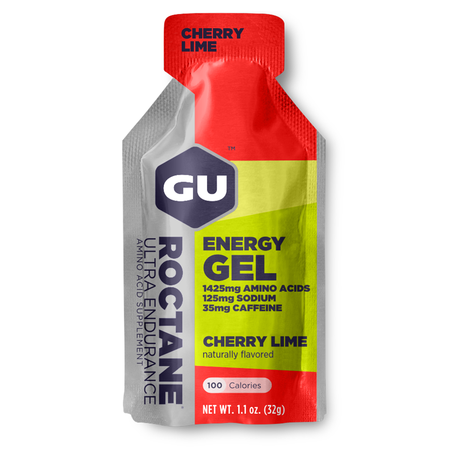 GU Energy Labs Roctane Energy Gel pack in cherry lime flavor, 1.1oz, premium gel for sustained energy during workouts.