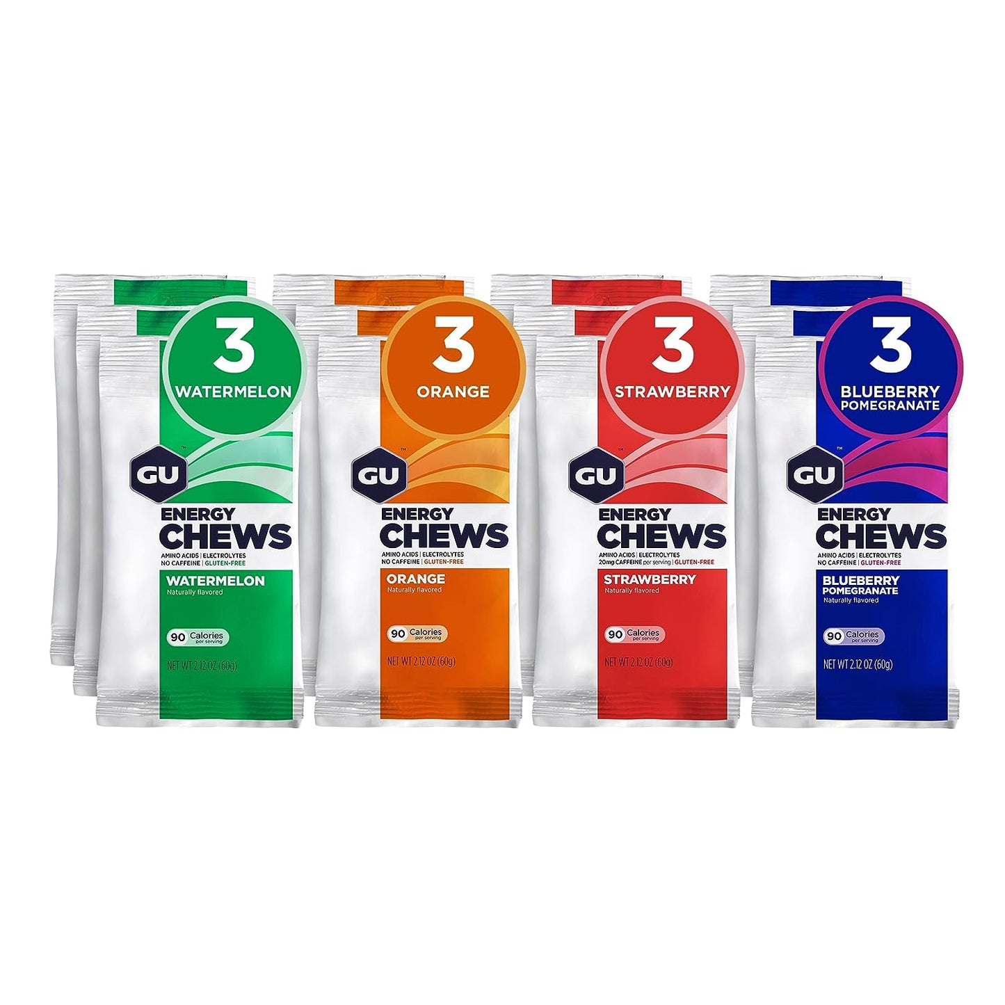 GU Energy Chews with electrolytes, vegan, gluten-free gummies in 12 bags, on-the-go energy source for workouts by GU Energy Labs.