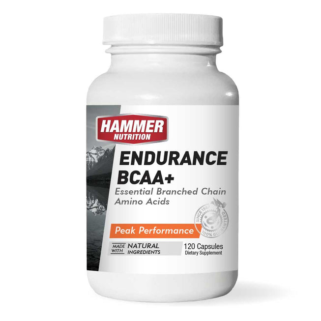 Hammer Nutrition Endurance BCAA+ amino acid supplement container with a vibrant label and scoop on a white background.