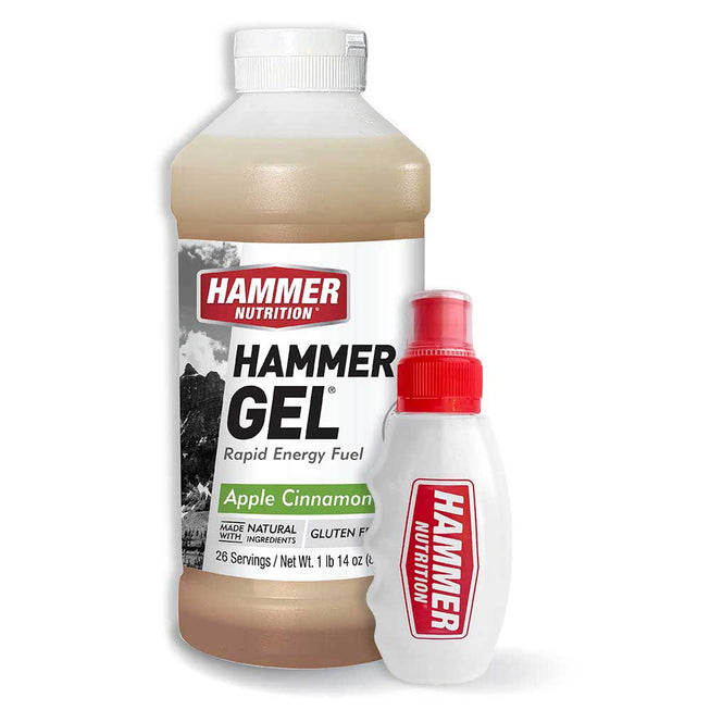 Hammer Nutrition Apple-Cinnamon energy gel jug with a free flask, featuring a vibrant red design and 26 servings.