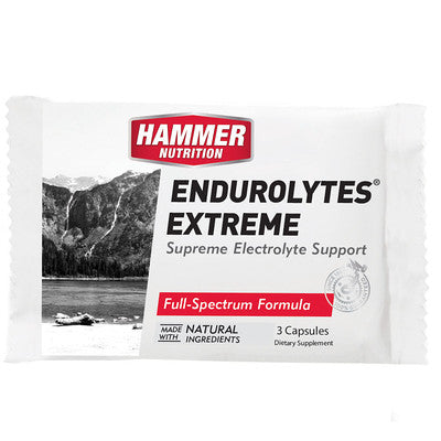 Hammer Nutrition Endurolytes Extreme electrolyte replacement supplement bottle with orange and white label showing supplement details.