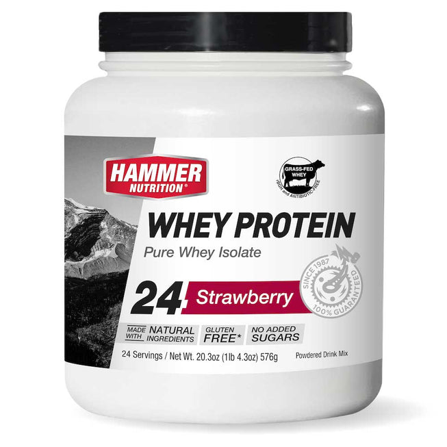 Hammer Whey Whey Protein Isolate container from Hammer Nutrition with black and white label and sporty design.