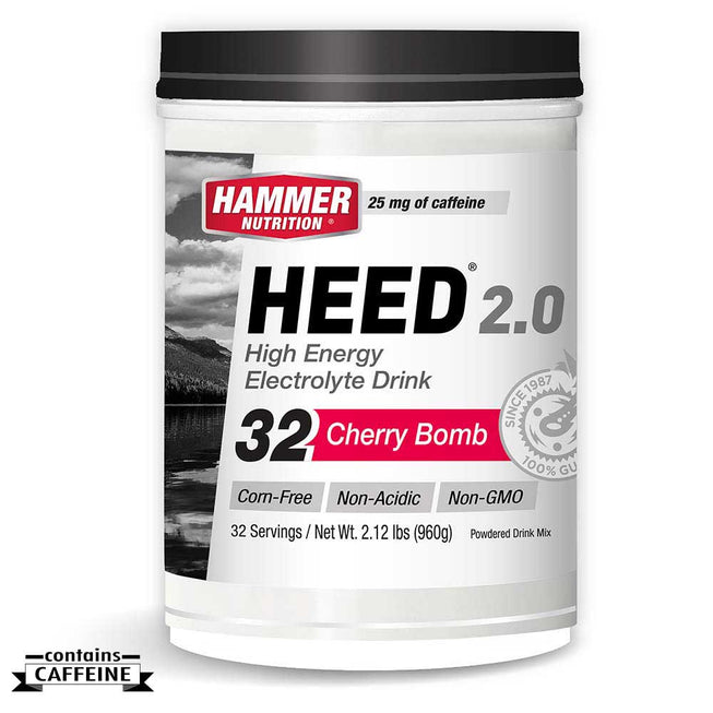 HEED Cherry Bomb 2.0 sports energy drink can by Hammer Nutrition, featuring cherry flavor and 32 servings.