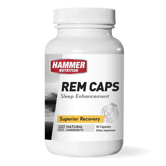 Hammer Nutrition REM Caps bottle for natural sleep aid with clear label and capsules visible inside.