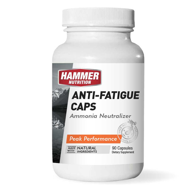 Hammer Nutrition Anti-Fatigue Caps for endurance, showing the supplement bottle with label highlighting fatigue reduction benefits.