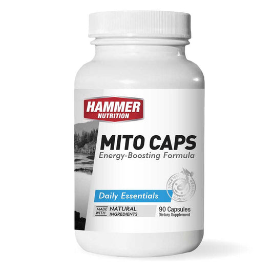Hammer Nutrition Mito Caps bottle for mitochondrial support and protection, featuring endurance supplement packaging.