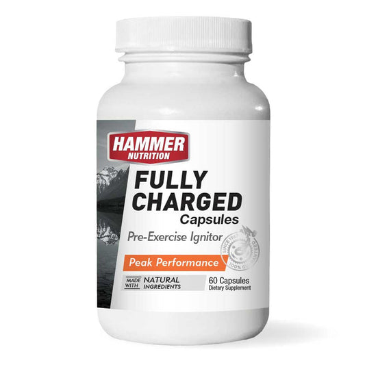 Hammer Nutrition Fully Charged pre-exercise ignitor capsules for energy and focus, shown in a bottle with 60 capsules.