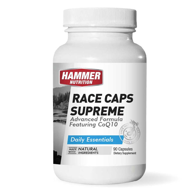 Hammer Nutrition Race Caps Supreme energy supplement capsules with CoQ10 for focus and stamina, shown in a close-up image.