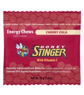 Honey Stinger Organic Energy Chews in cherry cola flavor, displayed in a 12 pack with colorful packaging.