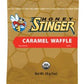 Honey Stinger Organic Waffles 16 pack, featuring a single caramel waffle with a golden-brown color and textured surface.