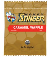Honey Stinger Organic Waffles 16 pack, featuring a single caramel waffle with a golden-brown color and textured surface.