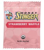 Organic Honey Stinger Waffles 16-pack featuring golden, crispy waffles with honey flavor on a white background.