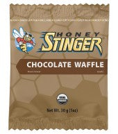 Honey Stinger Organic Waffles 16 pack, featuring chocolate-flavored waffle individual packaging on a clean background.