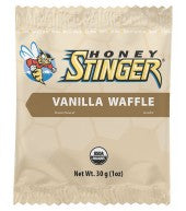 Honey Stinger Organic Waffles pack with vanilla flavor, showcasing 16 individually wrapped waffles in a colorful box.