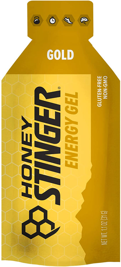 Honey Stinger Gold Energy Gel pack featuring gluten-free, caffeine-free sports nutrition for exercise, running, and workout performance.