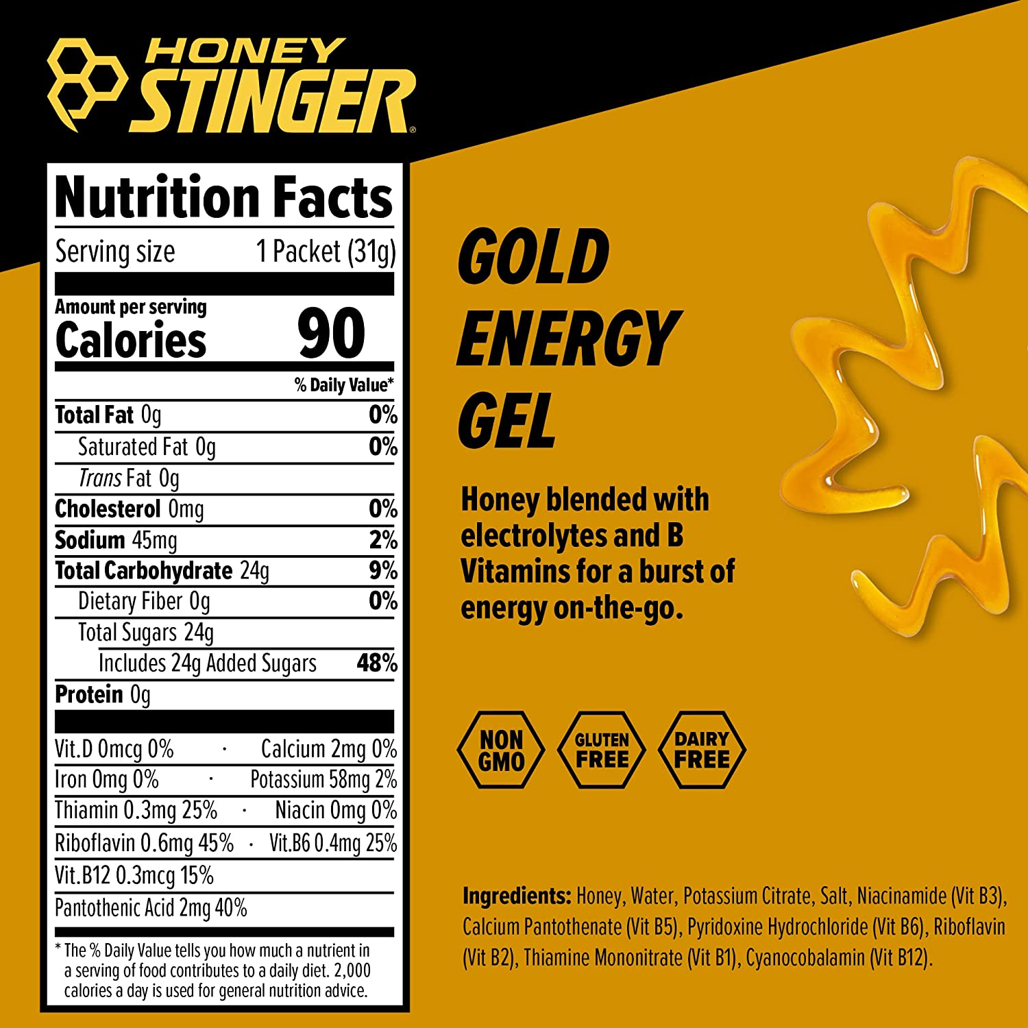 Honey Stinger Gold Energy Gel pack showing 12 gluten-free, caffeine-free energy gels for exercise, running, and sports performance.