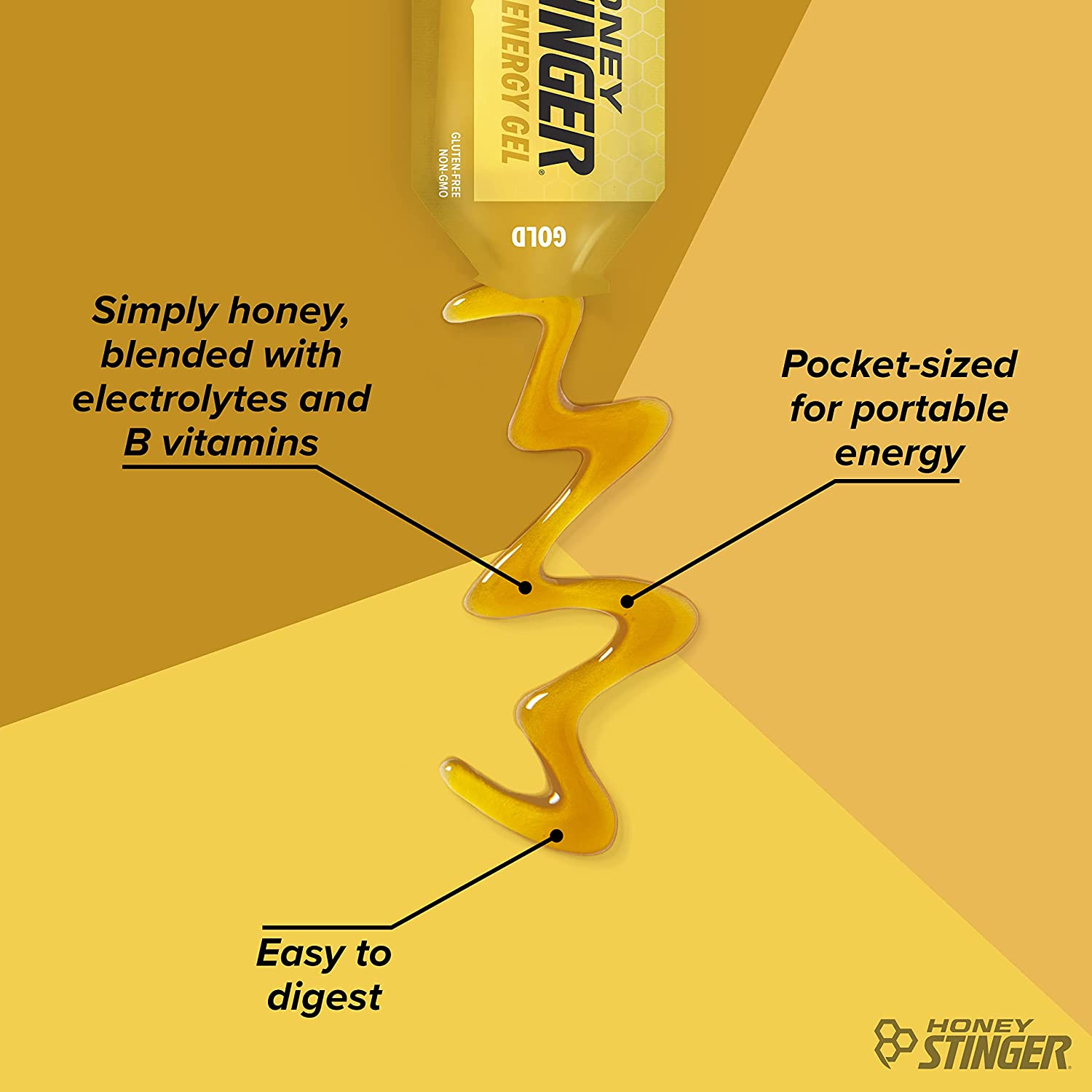 Honey Stinger Gold Energy Gel pack showing 12 gluten-free, caffeine-free energy gels designed for running and workout performance.
