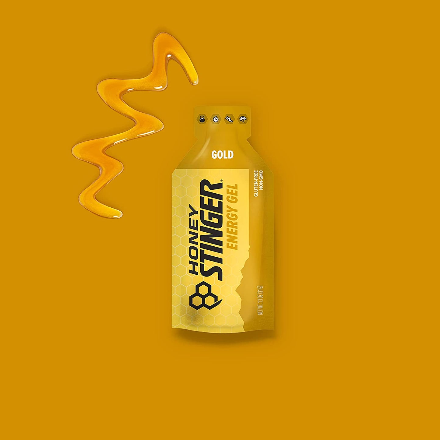 Honey Stinger Gold Energy Gel pack with 12 gluten-free, caffeine-free sports nutrition gels for running, exercise, and workout performance.