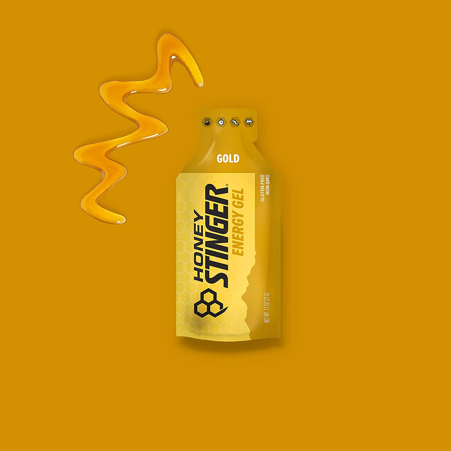 Honey Stinger Gold Energy Gel pack with 12 gluten-free, caffeine-free sports nutrition gels for running, exercise, and workout performance.