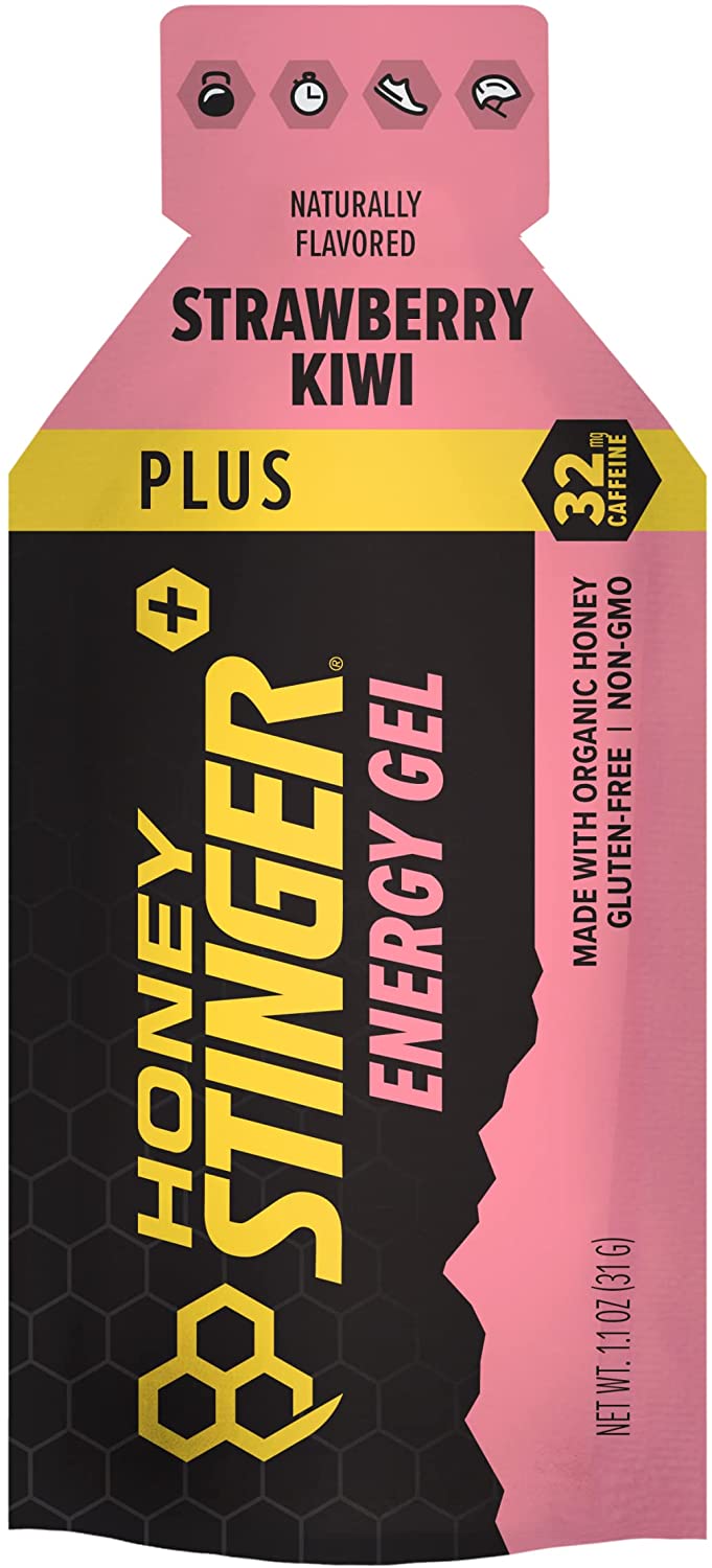 Honey Stinger Gold Energy Gel pack with 12 gluten-free, caffeine-free sports nutrition gels for running and workout performance.
