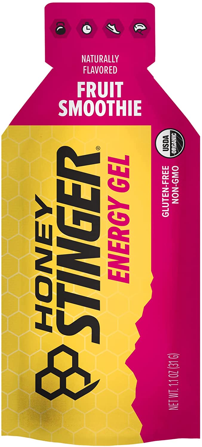 Honey Stinger Gold Energy Gel pack showing 12 gluten-free, caffeine-free energy gels for running and workout performance.