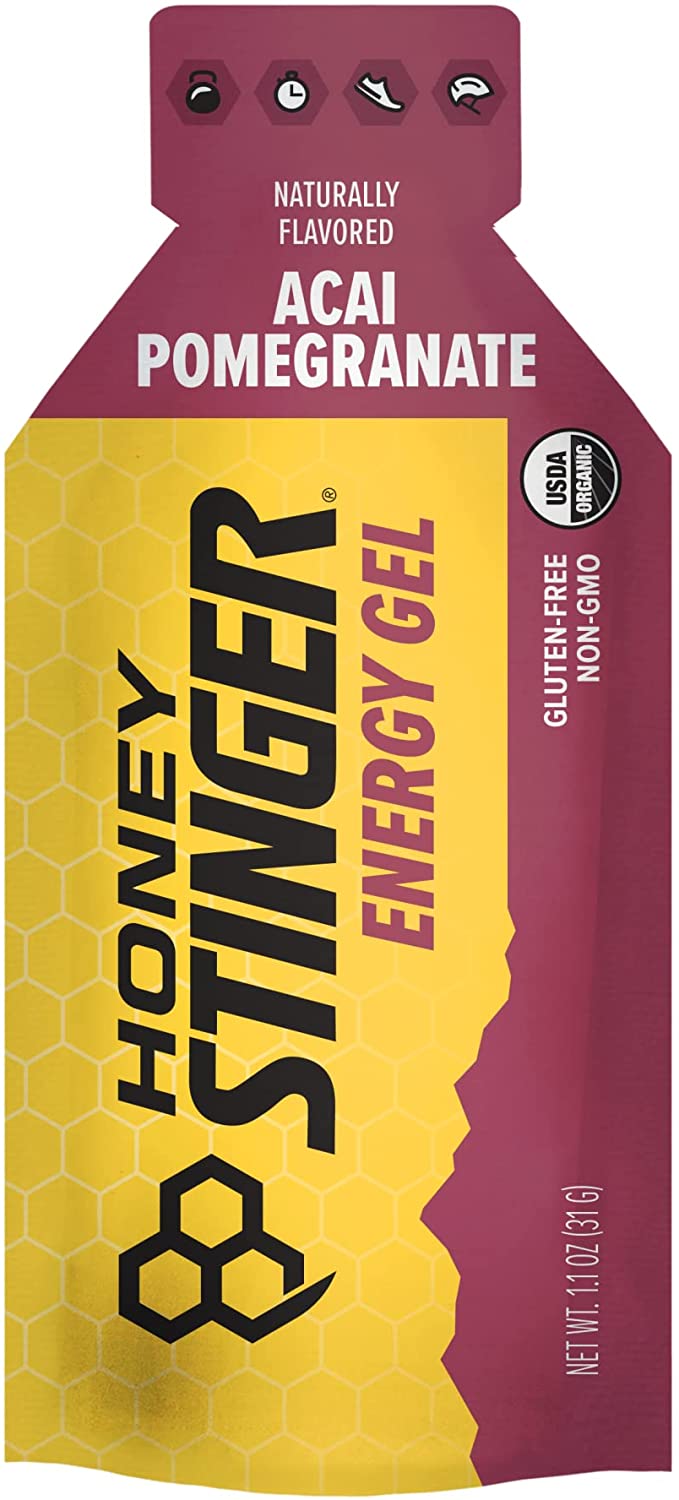 Honey Stinger Gold Energy Gel packets in a 12 pack, gluten-free and caffeine-free, ideal for exercise and running.