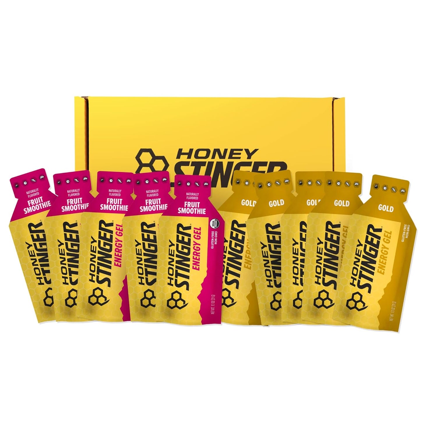 Honey Stinger Energy Gel Variety Pack with 5 Gold and Organic Fruit Smoothie gels, gluten-free, caffeine, ideal for sports and workouts.