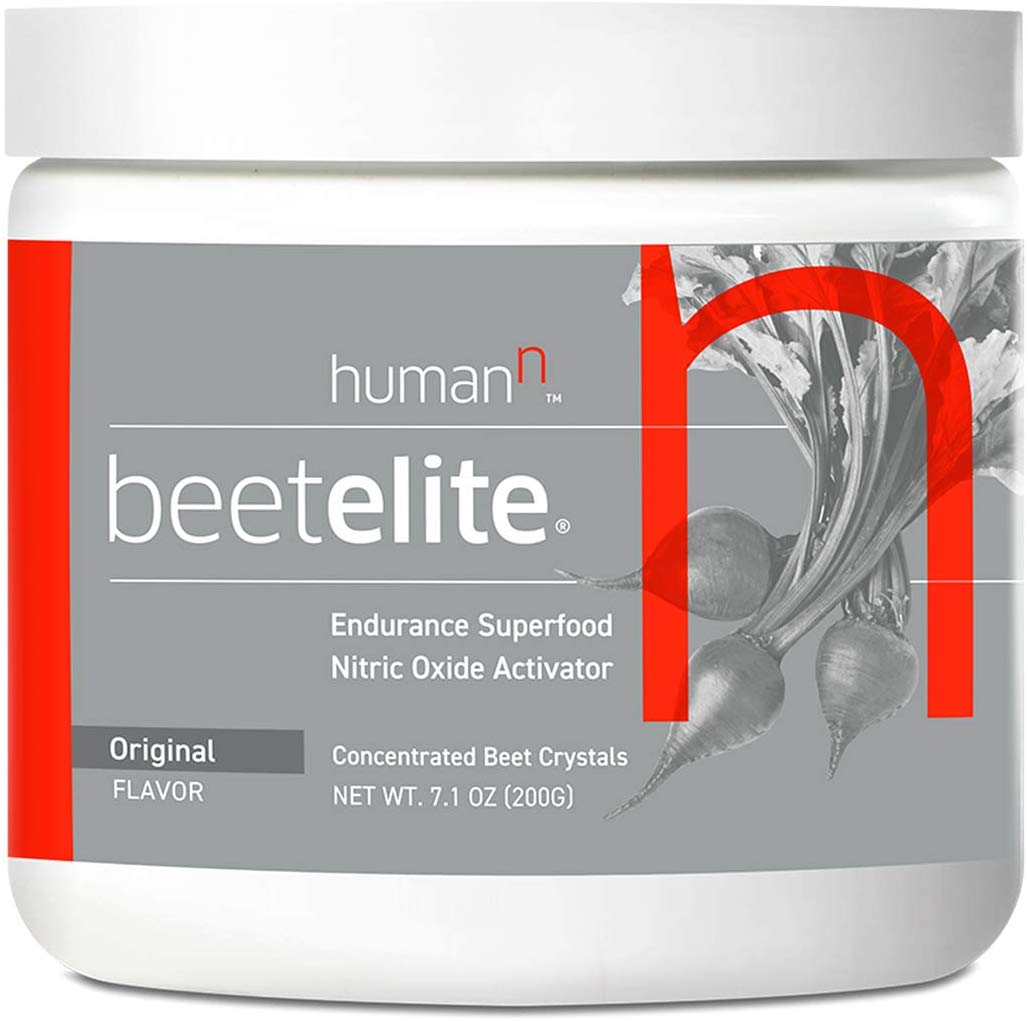 HumanN BeetElite concentrated beet powder supplement for athletic endurance in a 7.1oz container with scoop.