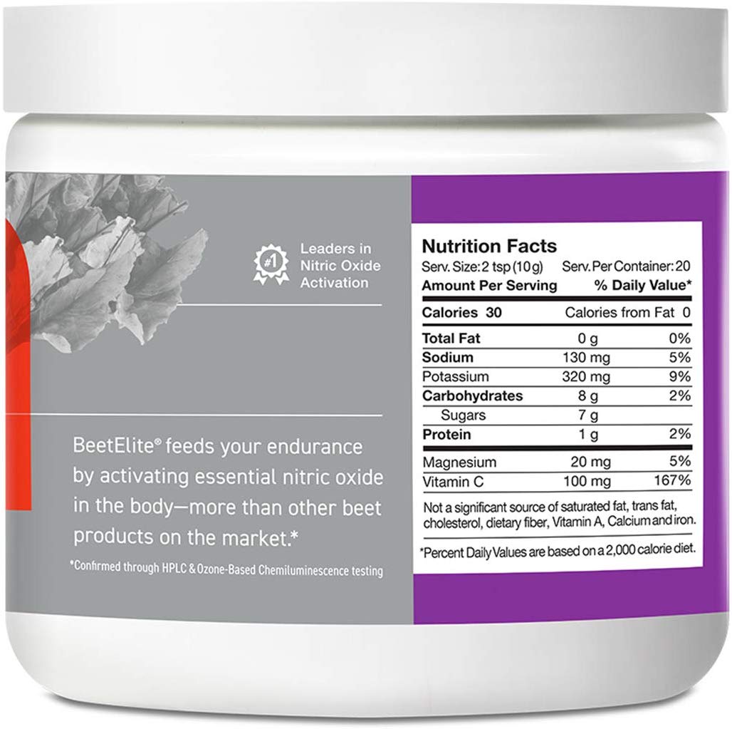 HumanN BeetElite endurance supplement, 7.1oz beet powder for nitric oxide boost, displayed in a container.
